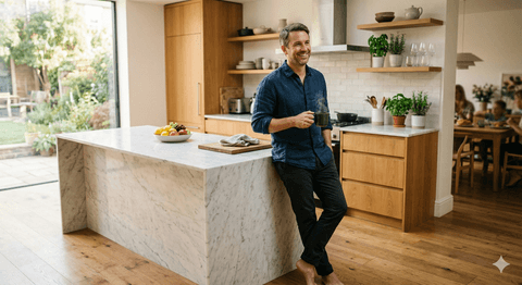 Homeowner having coffee in a bright kitchen