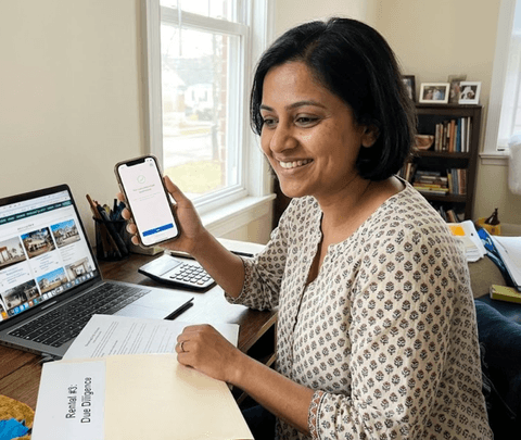 Investor reviewing her rental portfolio at home
